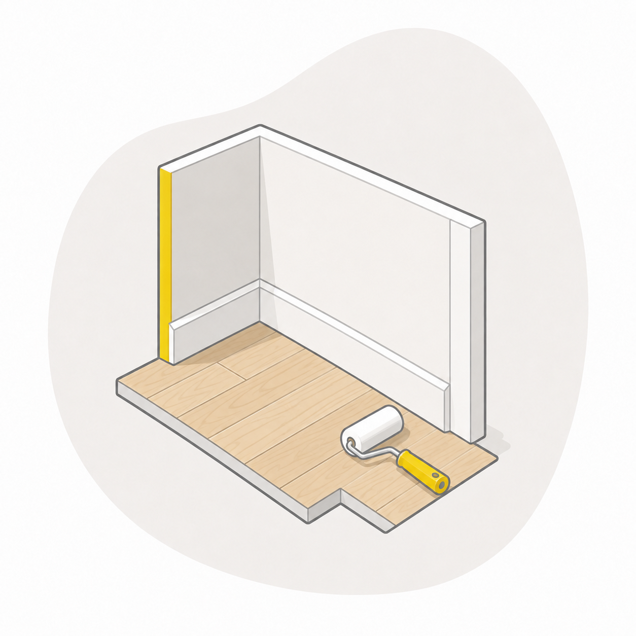 Isometrische renovatieafwerking met strakke wand, plint en verfroller
