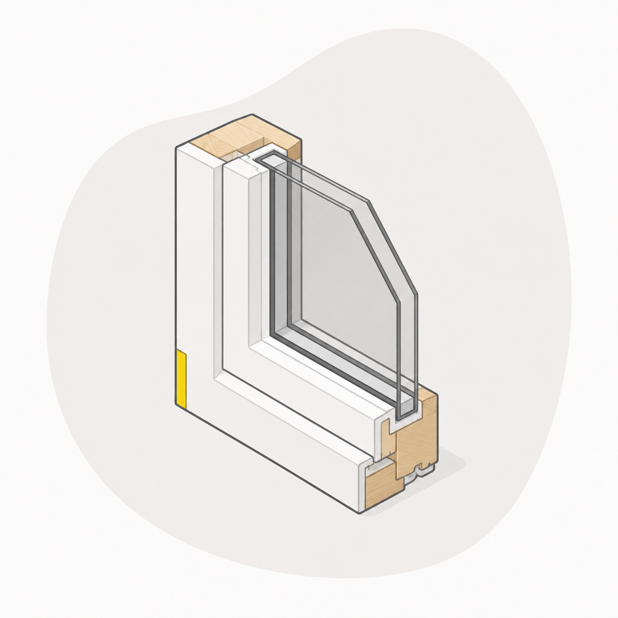 Isometrische doorsnede van een kozijn met glas en houten kern