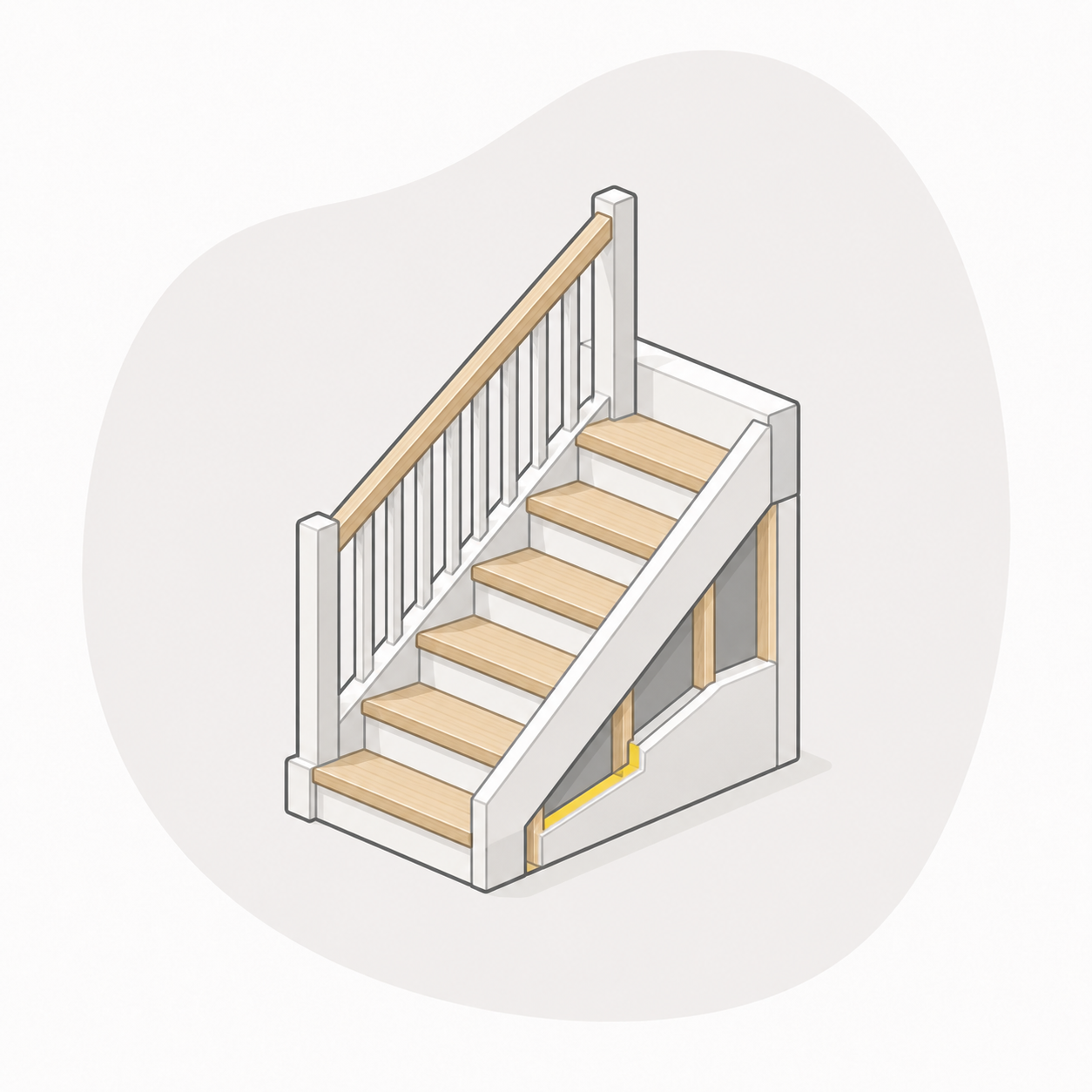 Isometrische trapconstructie met houten treden, leuning en bouwdetails